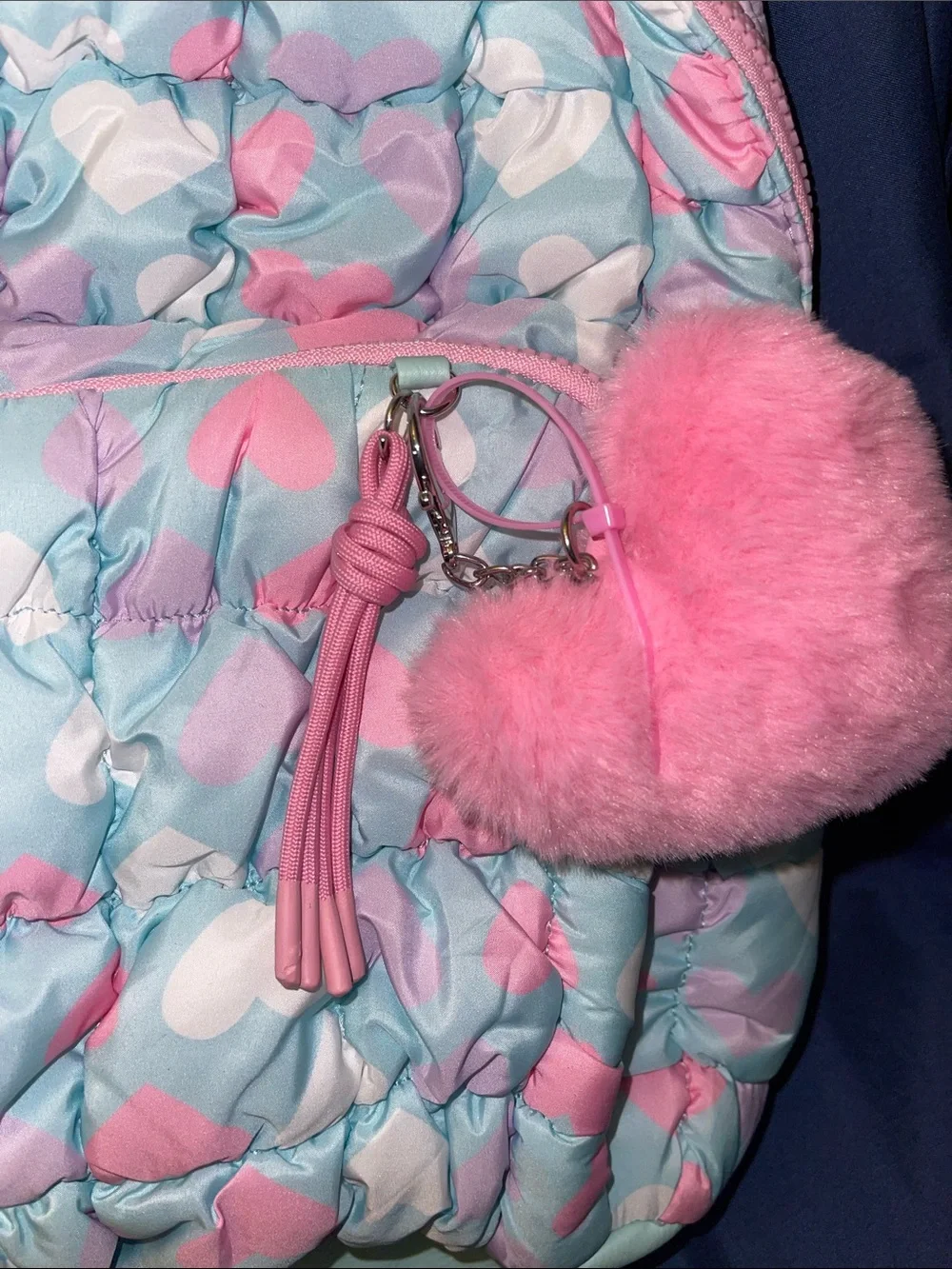 Quilted Mint Backpack with Pink Hearts & Pom Charm